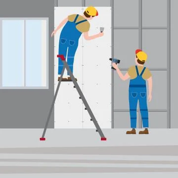 Workers put plaster on a stepladder, installing gypsum plasterboard panels in Stock Illustration