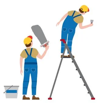 Workers put plaster on a stepladder. Vector illustration, isolated. Construction Stock Illustration