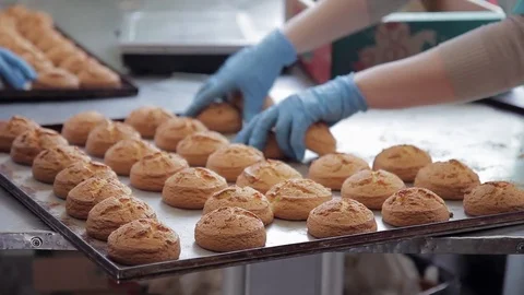 Workers puts round buns in boxes in bakery indoors. Stock Footage 76334836