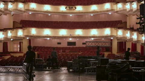 Workers remove falsework parts from stage of Vakhtangov Theatre Video stock 28505427
