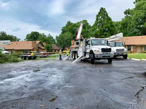 Workers replacing a power pole Stock Photos
