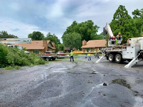 Workers replacing a power pole Stock Photos