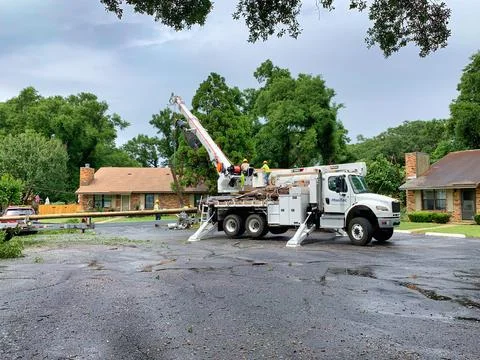 Workers replacing a power pole Stock Photos