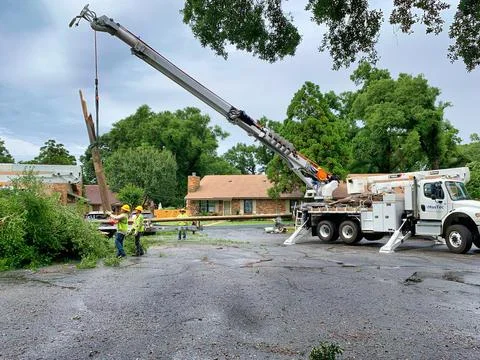 Workers replacing a power pole Stock Photos