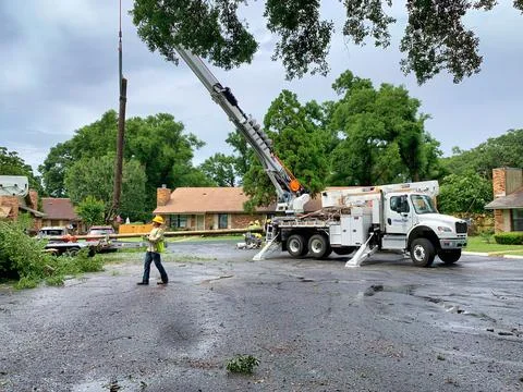 Workers replacing a power pole Stock Photos