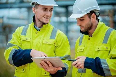 Workers review data on a tablet while wearing safety gear at a construction.. Stock Photos