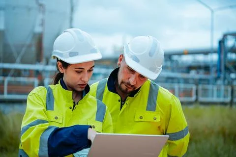 Workers review project plans at an industrial site during the day while dre.. Stock Photos