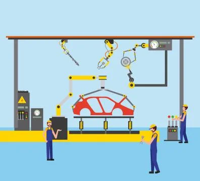 Workers robot arms and assembly line automotive industry Illustrazione stock