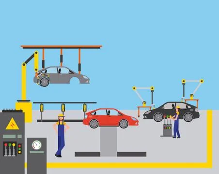 Workers robot arms and assembly line automotive industry Stock Illustration
