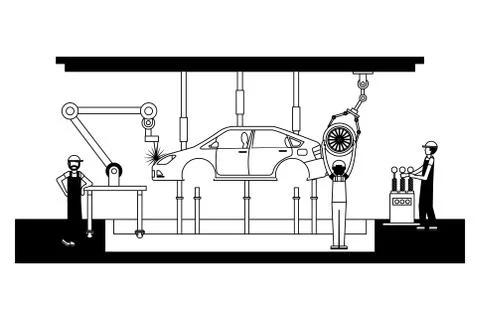 Workers robot arms and assembly line automotive industry Illustrazione stock