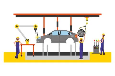Workers robot arms and assembly line automotive industry イラスト素材