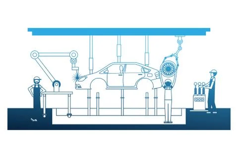 Workers robot arms and assembly line automotive industry 스톡 일러스트