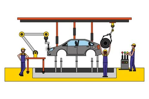 Workers robot arms and assembly line automotive industry Illustrazione stock