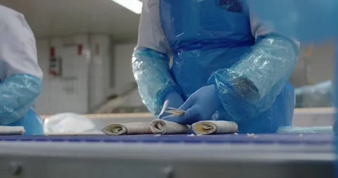 Workers rolling filled wraps on conveyor in food factory, Static Shot Stock Footage 340035407