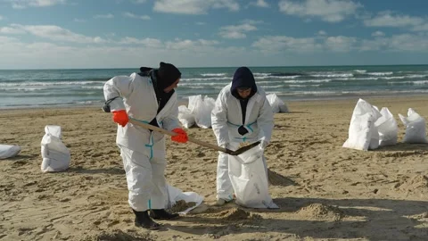 Workers in safety gear clearing oil-soaked sand on a coastal Stock Footage 299563249