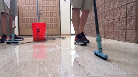 Workers Scrubbing Tile Grout Lines Видео 199301877