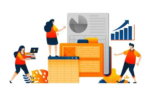 Workers search company data in the work folder and analyze performance growth Stock Illustration