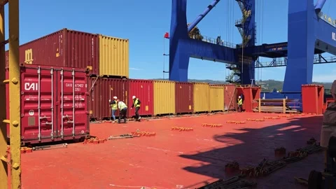 Workers Secure Containers on Ship Deck Coronel Chile Stock Footage 328666355
