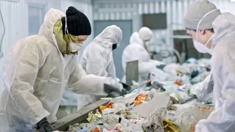 Workers Separating Plastic Waste for Recycling Stock Footage 76142489