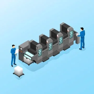 Workers serve the machine for offset printing Stock Illustration