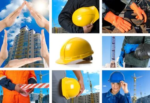 Workers set workers with equipment on building background sets ,model rele... Fotos de archivo