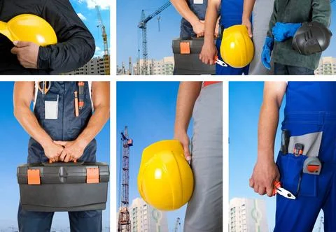Workers set workers with equipment on building background sets Copyright: ... Fotos de archivo