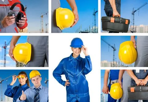 Workers set workers with equipment on building background sets ,model rele... Fotos de archivo