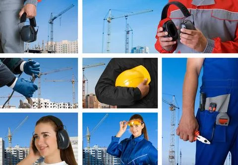 Workers set workers with equipment on building background sets ,model rele... Fotos de archivo