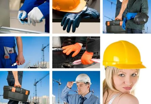 Workers set workers with equipment on building background sets ,model rele... Fotos de archivo