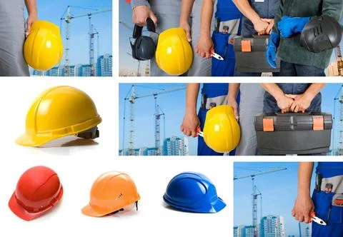 Workers set workers with equipment on building background sets Copyright: ... Fotos de archivo