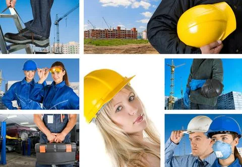 Workers set workers with equipment on building background sets ,model rele... Fotos de archivo