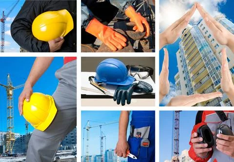 Workers set workers with equipment on building background sets Copyright: ... Fotos de archivo