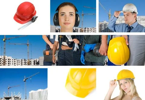 Workers set workers with equipment on building background sets ,model rele... Fotos de archivo