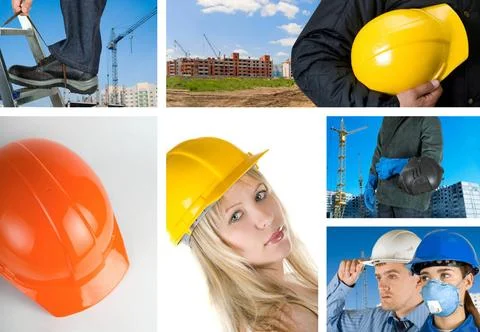 Workers set workers with equipment on building background sets ,model rele... Fotos de archivo
