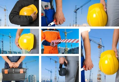 Workers set workers with equipment on building background sets Copyright: ... Fotos de archivo