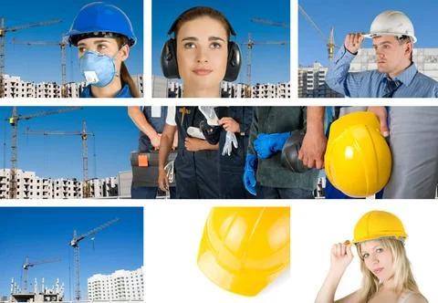 Workers set workers with equipment on building background sets ,model rele... Fotos de archivo