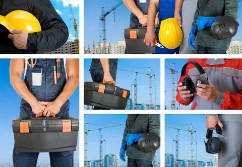 Workers set workers with equipment on building background sets Copyright: ... Fotos de archivo
