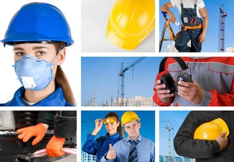 Workers set workers with equipment on building background sets ,model rele... Fotos de archivo