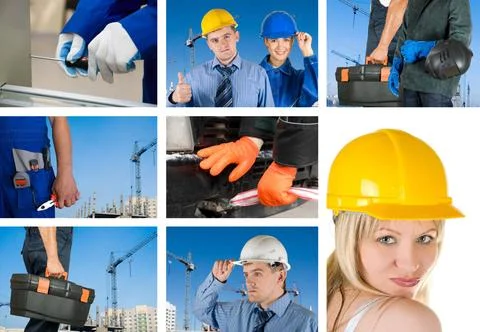 Workers set workers with equipment on building background sets ,model rele... Fotos de archivo