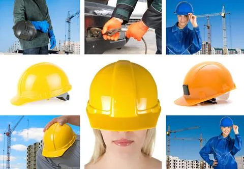 Workers set workers with equipment on building background sets ,model rele... Fotos de archivo
