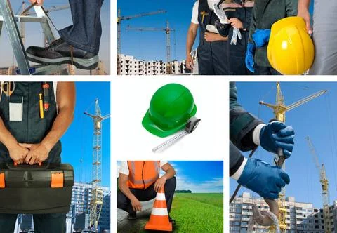 Workers set workers with equipment on building background sets Copyright: ... Fotos de archivo