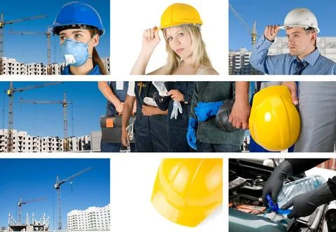 Workers set workers with equipment on building background sets ,model rele... Fotos de archivo