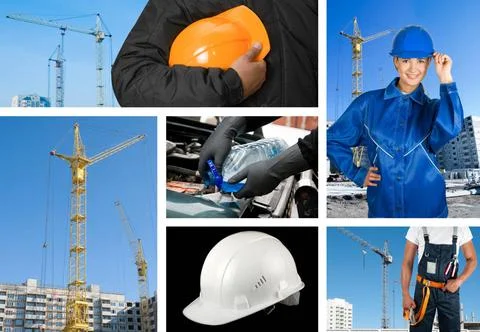 Workers set workers with equipment on building background sets ,model rele... Fotos de archivo