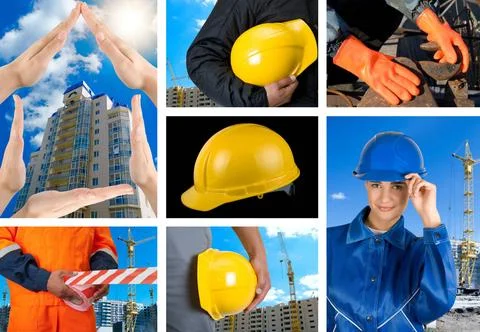Workers set workers with equipment on building background sets ,model rele... Fotos de archivo