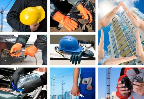 Workers set workers with equipment on building background sets Copyright: ... Fotos de archivo