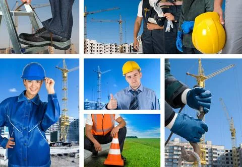 Workers set workers with equipment on building background sets ,model rele... Fotos de archivo