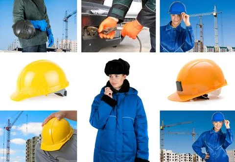 Workers set workers with equipment on building background sets ,model rele... Fotos de archivo