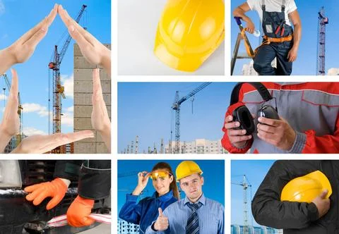 Workers set workers with equipment on building background sets ,model rele... Fotos de archivo