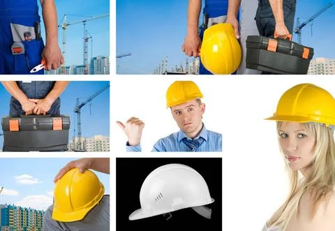 Workers set workers with equipment on building background sets ,model rele... Fotos de archivo