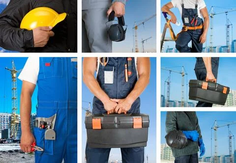 Workers set workers with equipment on building background sets ,model rele... Fotos de archivo